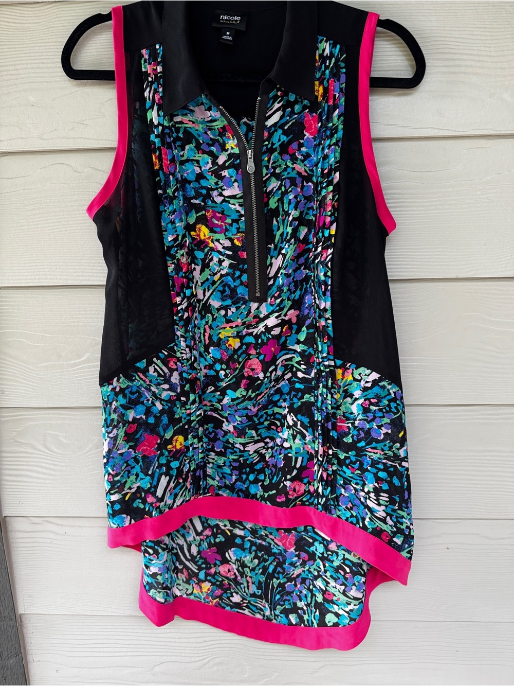 Nicole Miller Blouse Womens M Black Multicolor Abstract Print Sleeveless Zip up - Picture 3 of 9